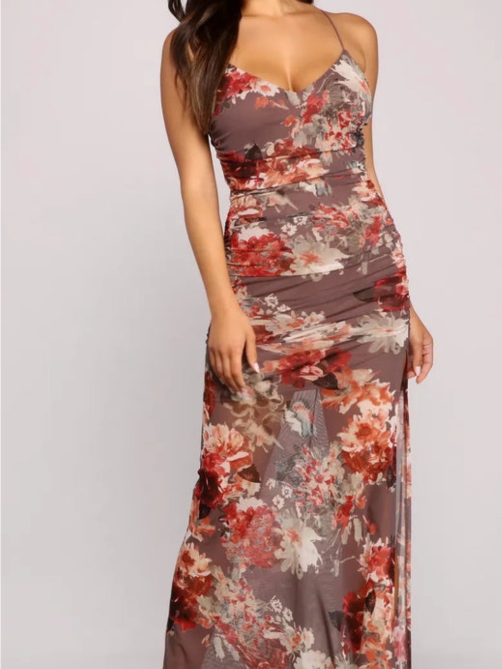 Windsor Spaghetti-Strap Floral Maxi Dress in Mauve and Red